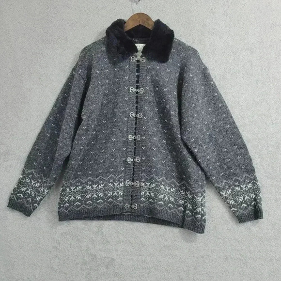 Vintage Mac & Jac Womens Wool Cardigan Jacket With Fur Collar  L - Picture 1 of 9